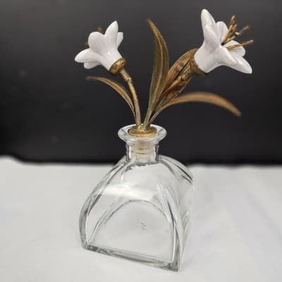 Vintage Glass Bottle/ Decanter With Glass Lillys & Gilt Brass MCM 7.5" Tall - Thumbnail 4