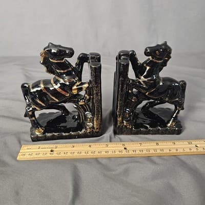 Vintage Ceramic Bookends Horse Zebra black w Gold Accents 1960s Lipper & Mann - Thumbnail 10