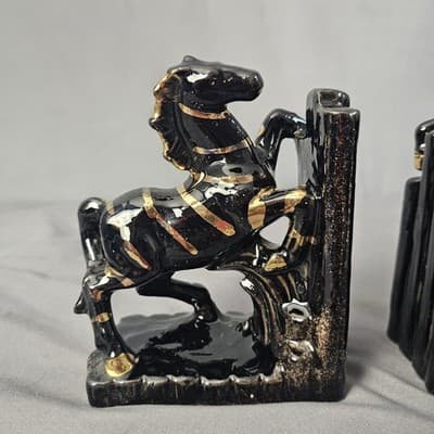 Vintage Ceramic Bookends Horse Zebra black w Gold Accents 1960s Lipper & Mann - Thumbnail 3