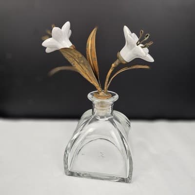 Vintage Glass Bottle/ Decanter With Glass Lillys & Gilt Brass MCM 7.5" Tall - Thumbnail 2