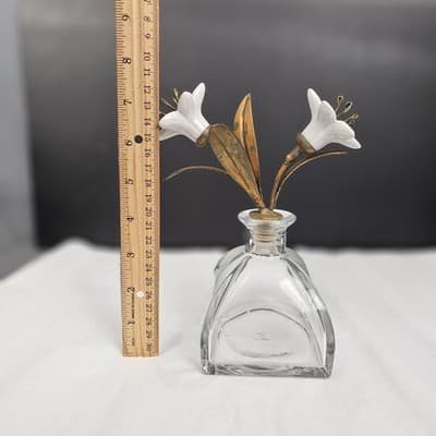 Vintage Glass Bottle/ Decanter With Glass Lillys & Gilt Brass MCM 7.5" Tall - Thumbnail 8