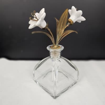 Vintage Glass Bottle/ Decanter With Glass Lillys & Gilt Brass MCM 7.5" Tall - Thumbnail 3
