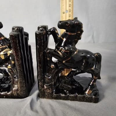 Vintage Ceramic Bookends Horse Zebra black w Gold Accents 1960s Lipper & Mann - Thumbnail 11