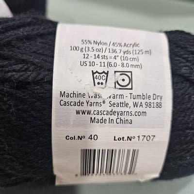 Cascade Farms Yarn Cherub Chunky Nylon Acrylic Black Col no. 40, 3.5oz, 136.7yd - Thumbnail 3