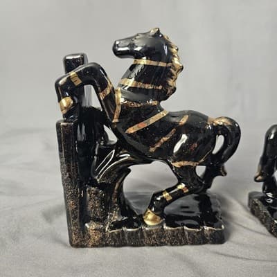 Vintage Ceramic Bookends Horse Zebra black w Gold Accents 1960s Lipper & Mann - Thumbnail 5