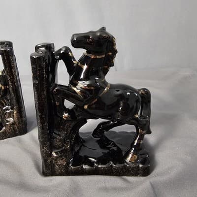 Vintage Ceramic Bookends Horse Zebra black w Gold Accents 1960s Lipper & Mann - Thumbnail 2