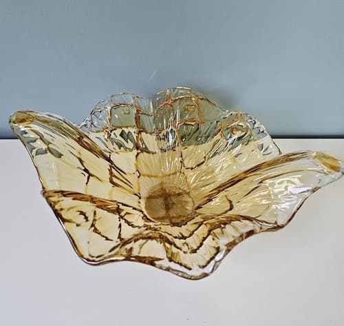 Centerpiece Glass Bowl Italy Amber to Clear Art Blown Flower Console 8.5" - Thumbnail 2