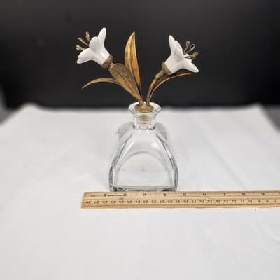Vintage Glass Bottle/ Decanter With Glass Lillys & Gilt Brass MCM 7.5" Tall - Thumbnail 9