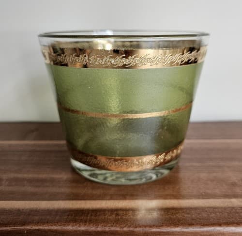 Anchor Hocking Ice Bucket Green with Gold 5" Diameter 5.5" Tall MCM - Thumbnail 3