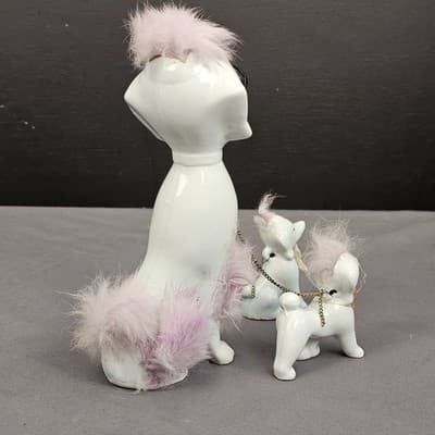 Vintage 1950s MCM Ceramic Snooty Chained Mama Poodle Family With Pink Fur - Thumbnail 10