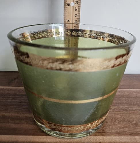 Anchor Hocking Ice Bucket Green with Gold 5" Diameter 5.5" Tall MCM - Thumbnail 4