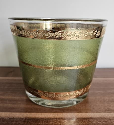 Anchor Hocking Ice Bucket Green with Gold 5" Diameter 5.5" Tall MCM - Thumbnail 2
