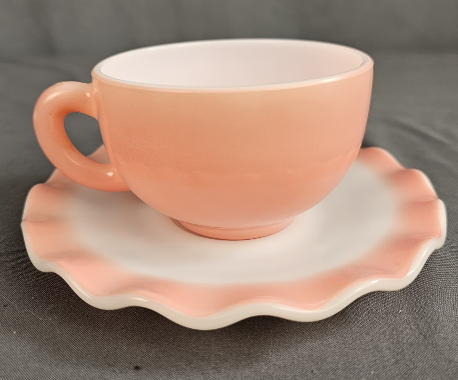 Vintage Hazel Atlas Ripple Pink Cup & Saucer Set aka Crinoline 1950s Milk Glass - Thumbnail 2