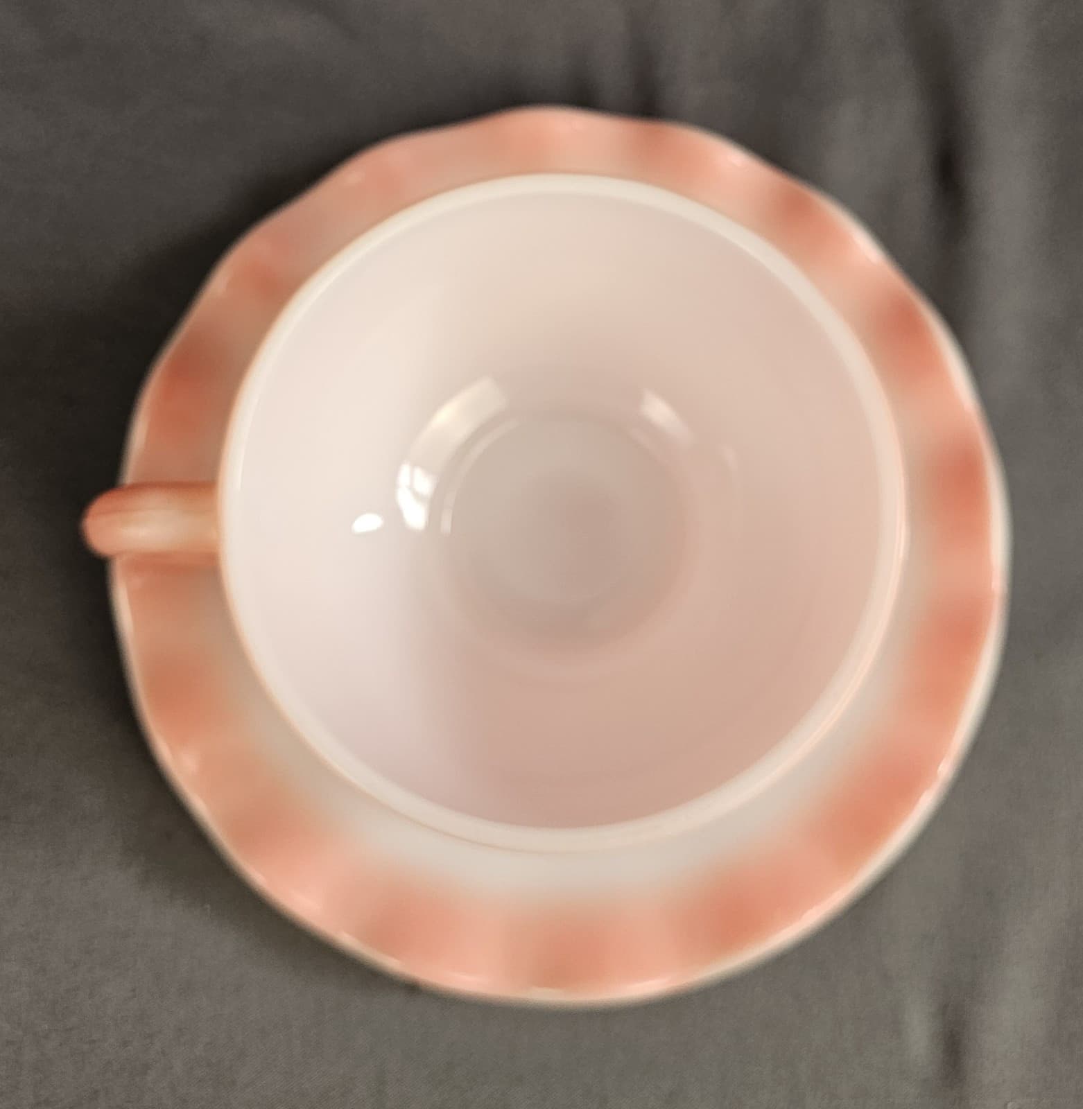 Vintage Hazel Atlas Ripple Pink Cup & Saucer Set aka Crinoline 1950s Milk Glass - Thumbnail 3
