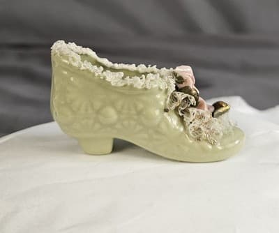 Heirlooms Of Tomorrow Vintage / Antique Shoe Figurine Pale Green Pink Flowers - Thumbnail 3