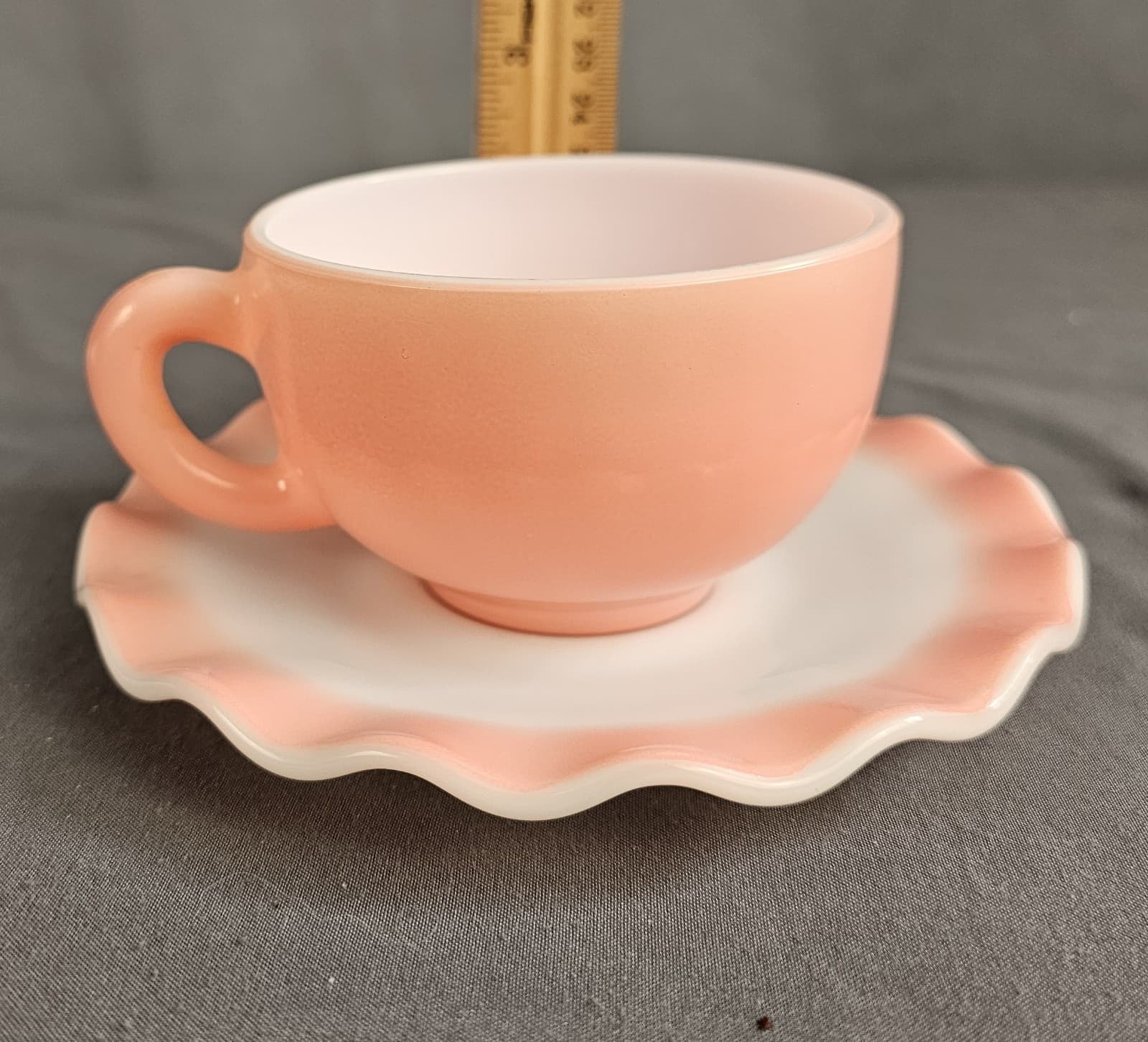 Vintage Hazel Atlas Ripple Pink Cup & Saucer Set aka Crinoline 1950s Milk Glass - Thumbnail 9