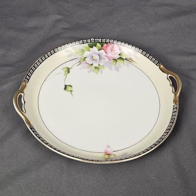 Vintage Noritage Hand Painted Cake Plate Roses Gold Handles 7.75" Wide - Thumbnail 2