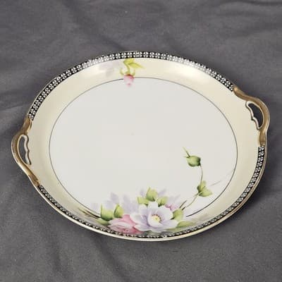 Vintage Noritage Hand Painted Cake Plate Roses Gold Handles 7.75" Wide - Thumbnail 3