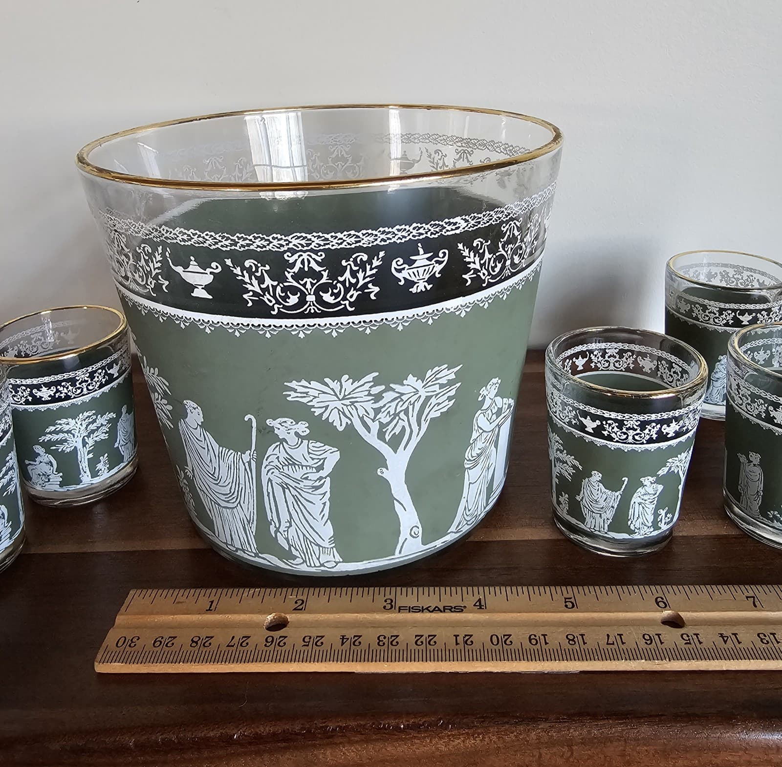Wedge Wood Jeanette Hellenic Vintage Green Greek Ice Bucket & 6 Shot Glasses - Thumbnail 4