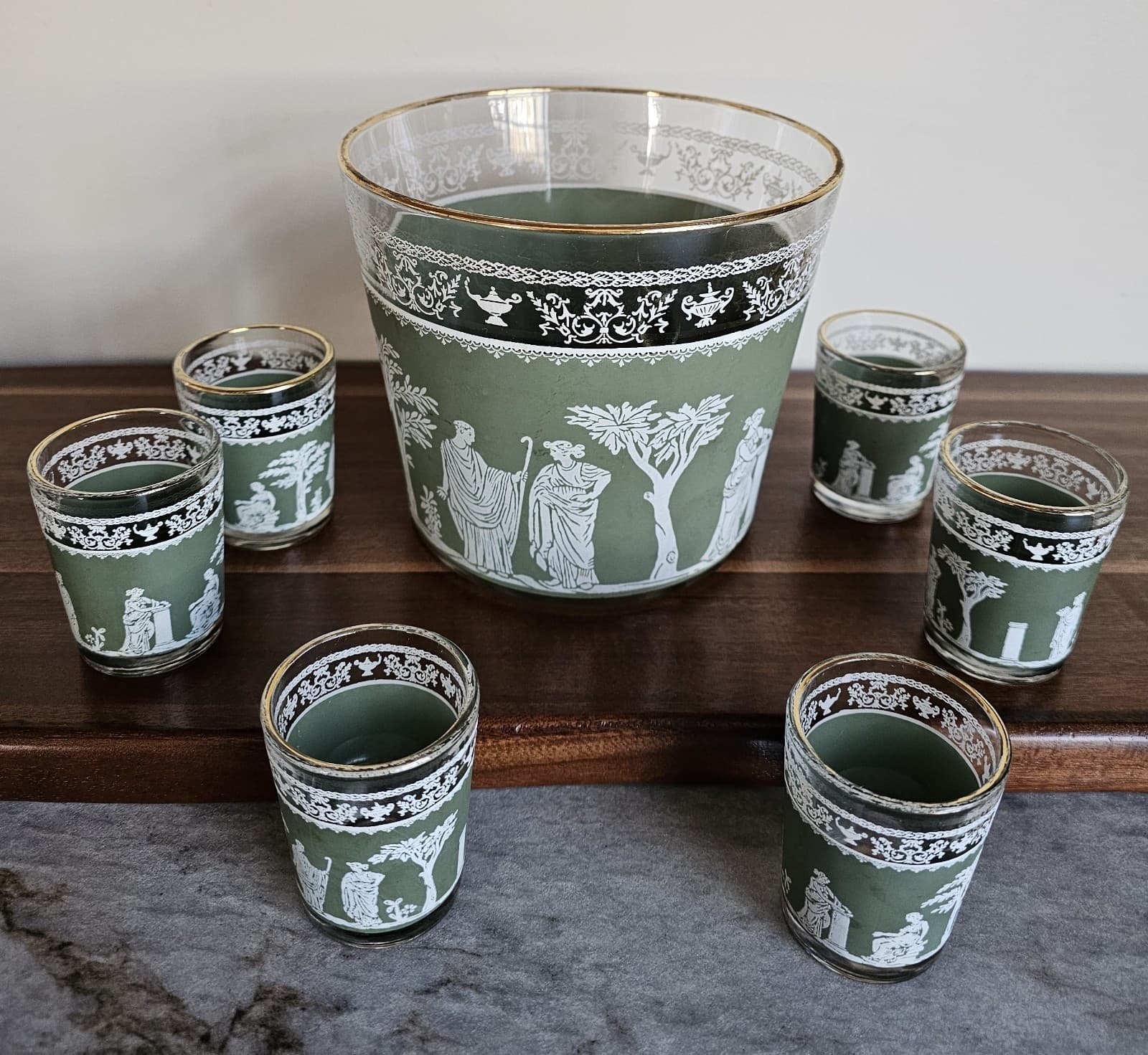 Wedge Wood Jeanette Hellenic Vintage Green Greek Ice Bucket & 6 Shot Glasses - Thumbnail 2