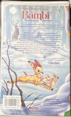 Walt Disney Home Video Bambi VHS 1989 G NTSC English Closed Captioned - Thumbnail 3