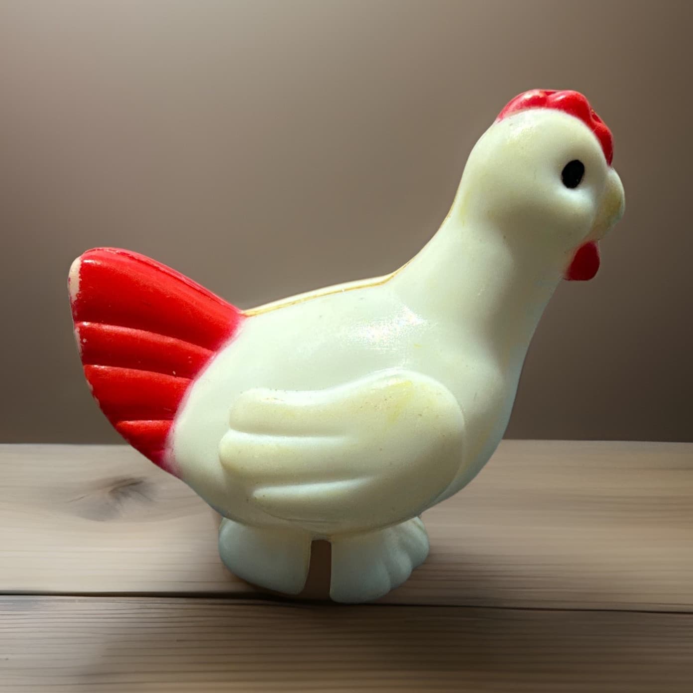 Plastic Chicken Figurine Collectible White Body with Red Tail Accent