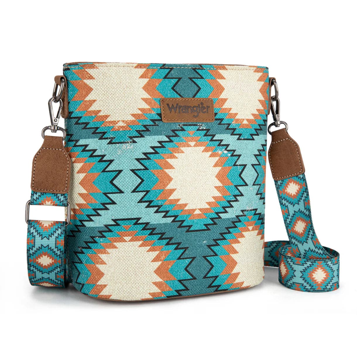 Wrangler Aztec Print Crossbody Bag with Adjustable Strap Blue Orange Southwest Leather Patch - Thumbnail 5