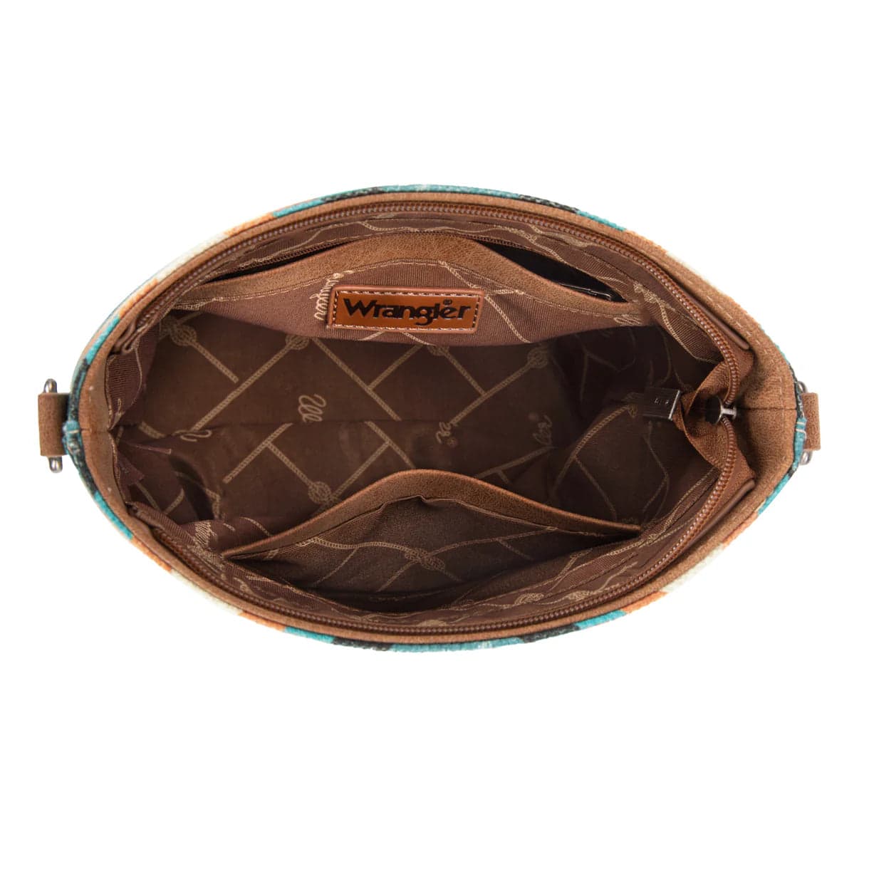 Wrangler Aztec Print Crossbody Bag with Adjustable Strap Blue Orange Southwest Leather Patch - Thumbnail 3