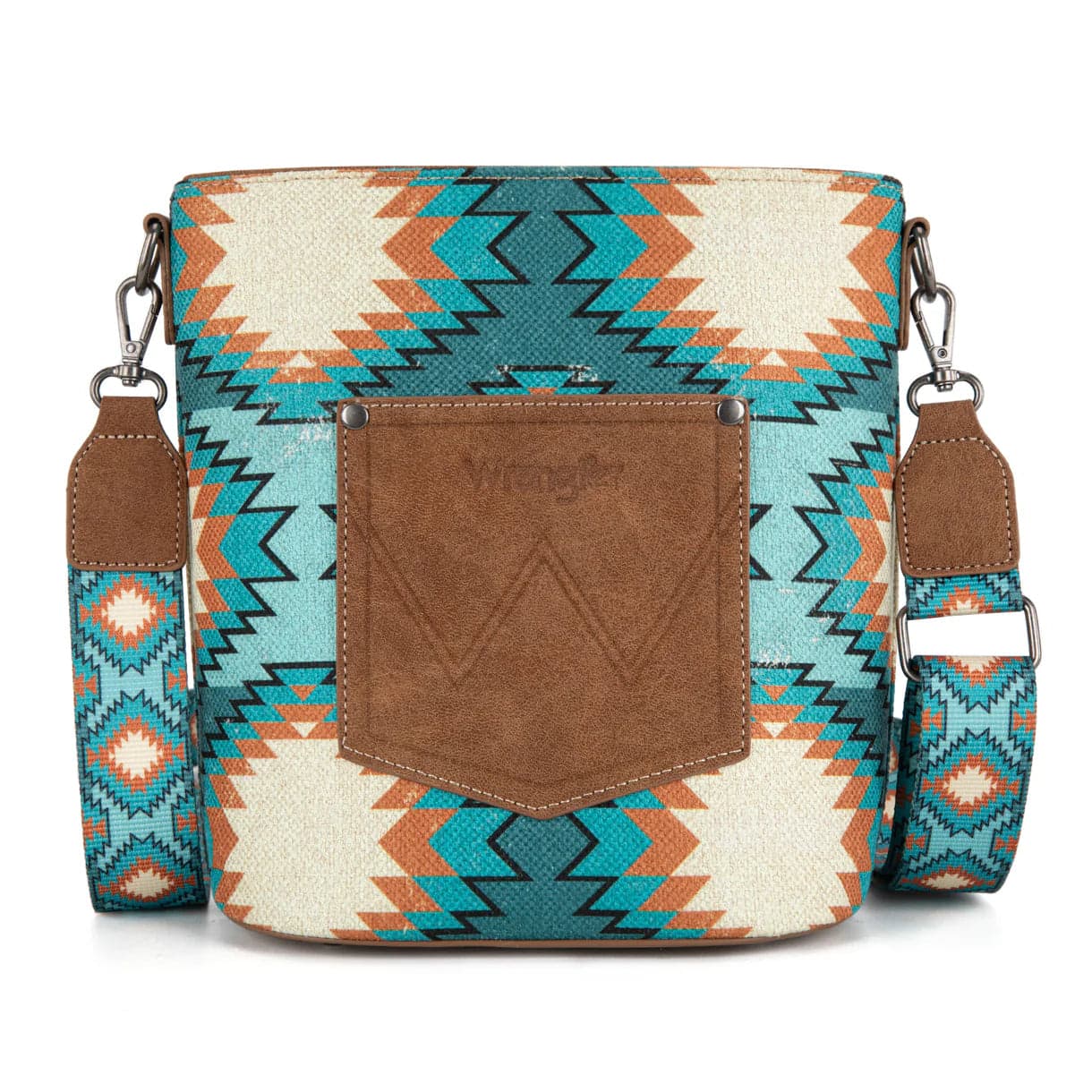 Wrangler Aztec Print Crossbody Bag with Adjustable Strap Blue Orange Southwest Leather Patch - Thumbnail 4