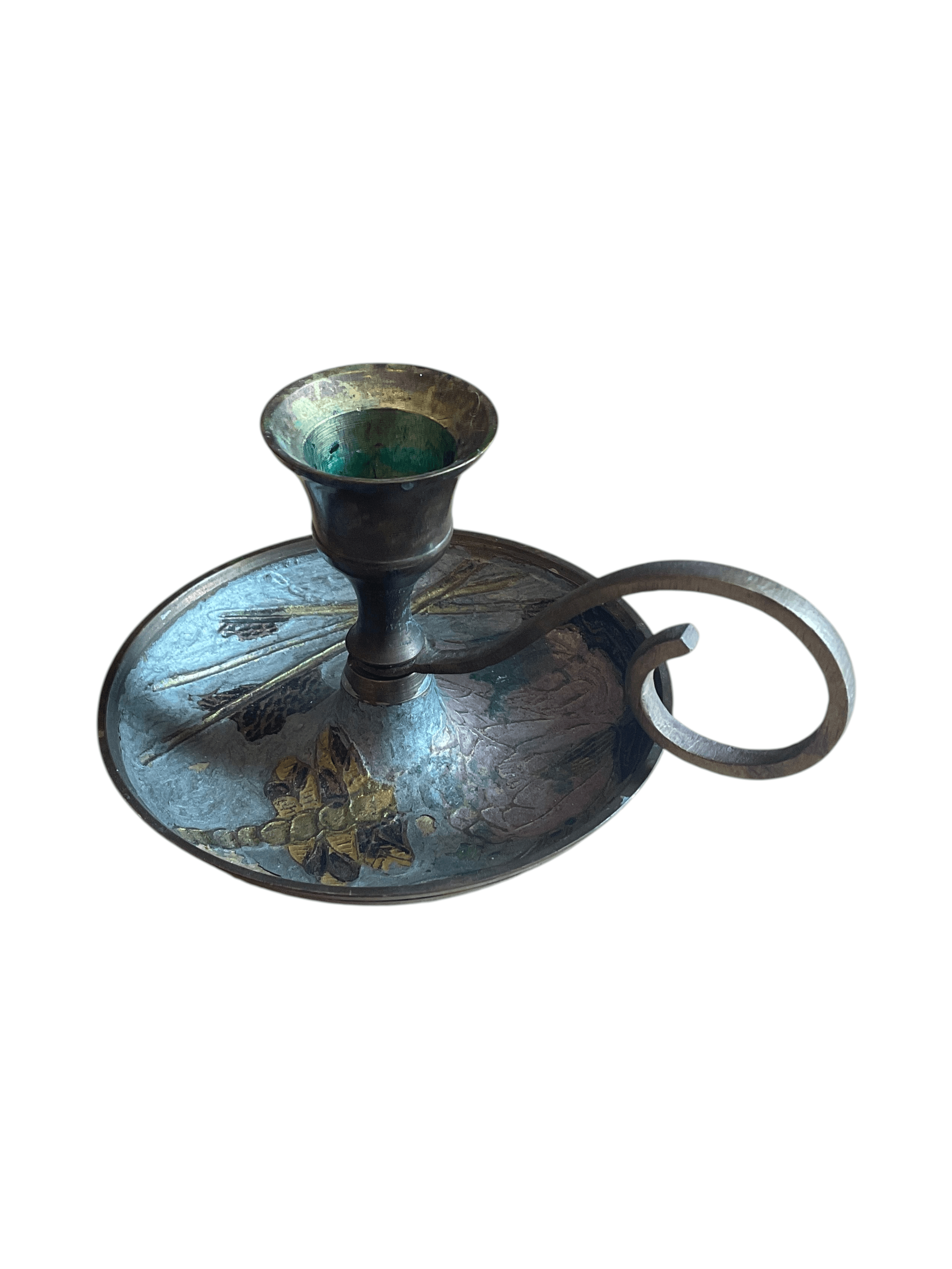 Vintage Brass Chamberstick Candle Holder with Dragonfly Design - Thumbnail 3