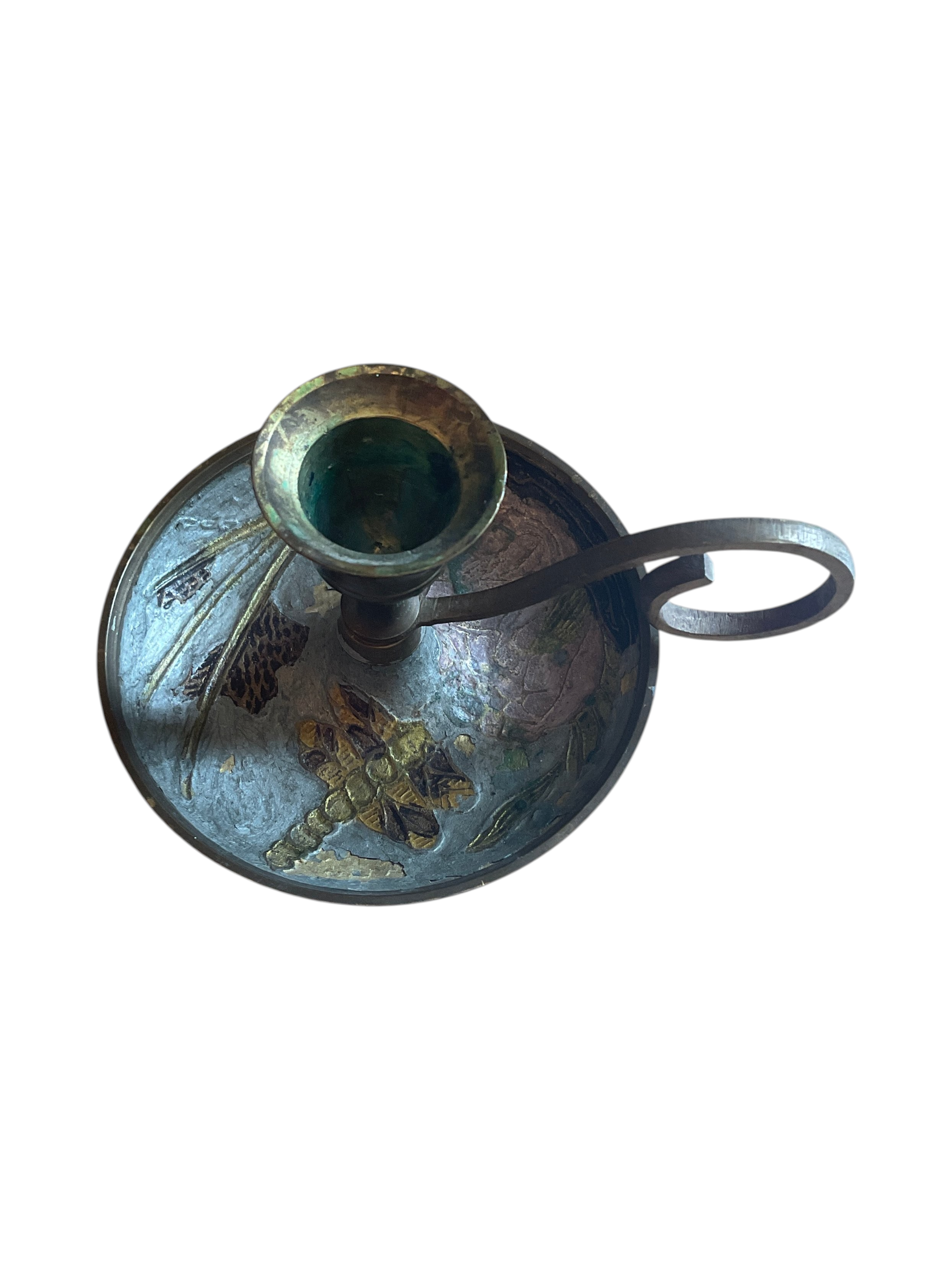 Vintage Brass Chamberstick Candle Holder with Dragonfly Design - Thumbnail 4