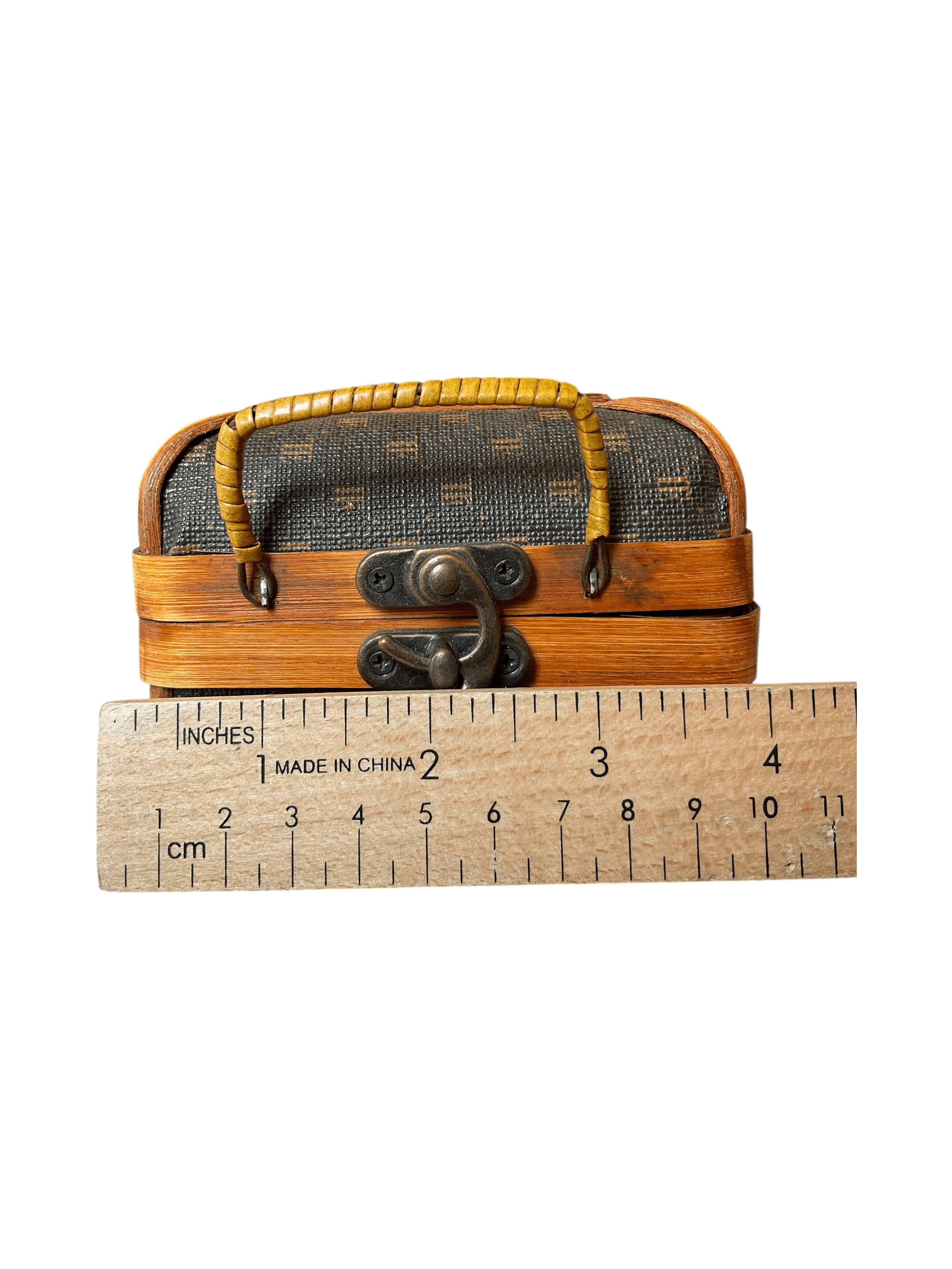 Vintage Wooden Mini Suitcase with Woven Handle Storage - Thumbnail 3