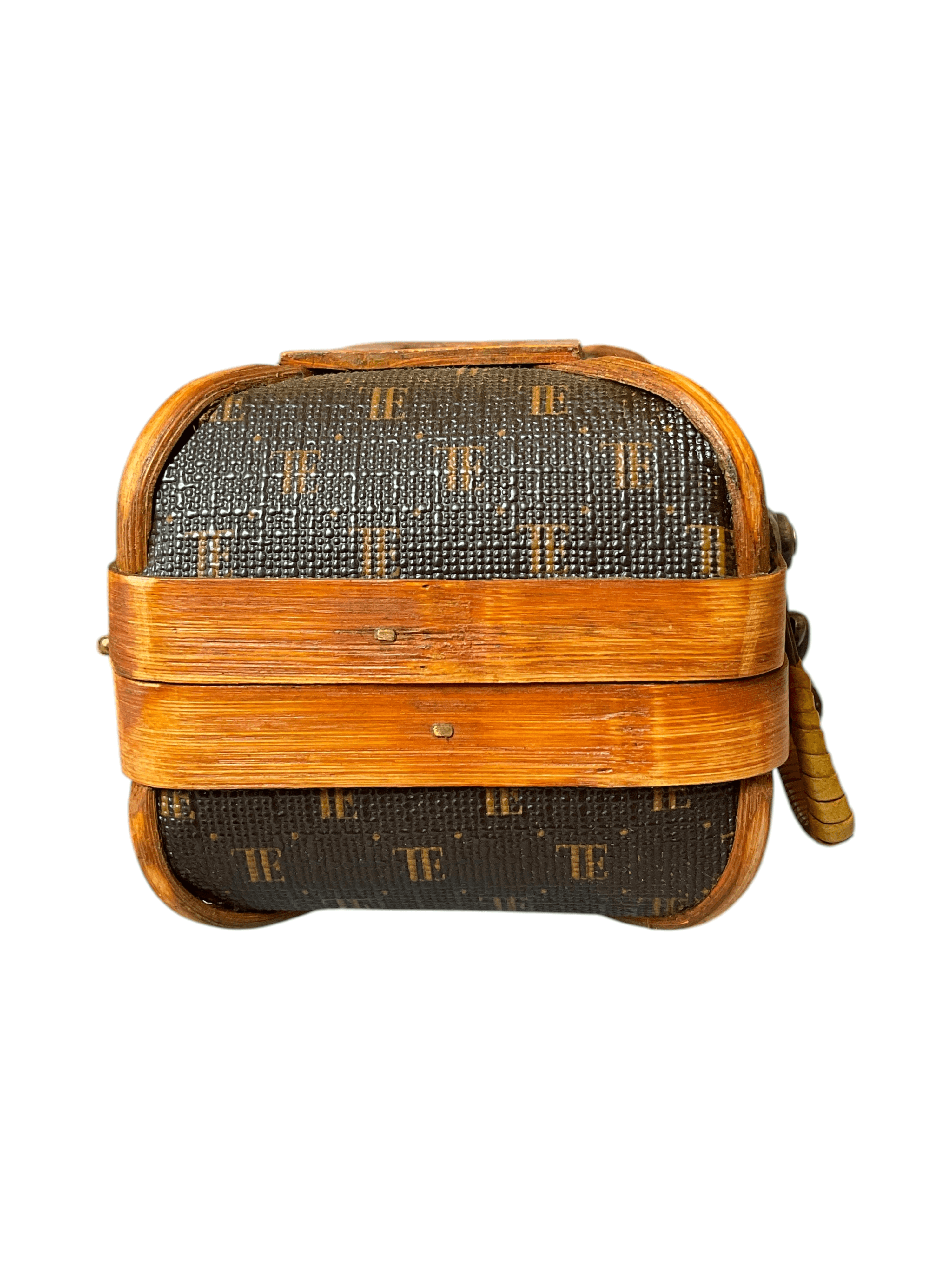 Vintage Wooden Mini Suitcase with Woven Handle Storage - Thumbnail 6