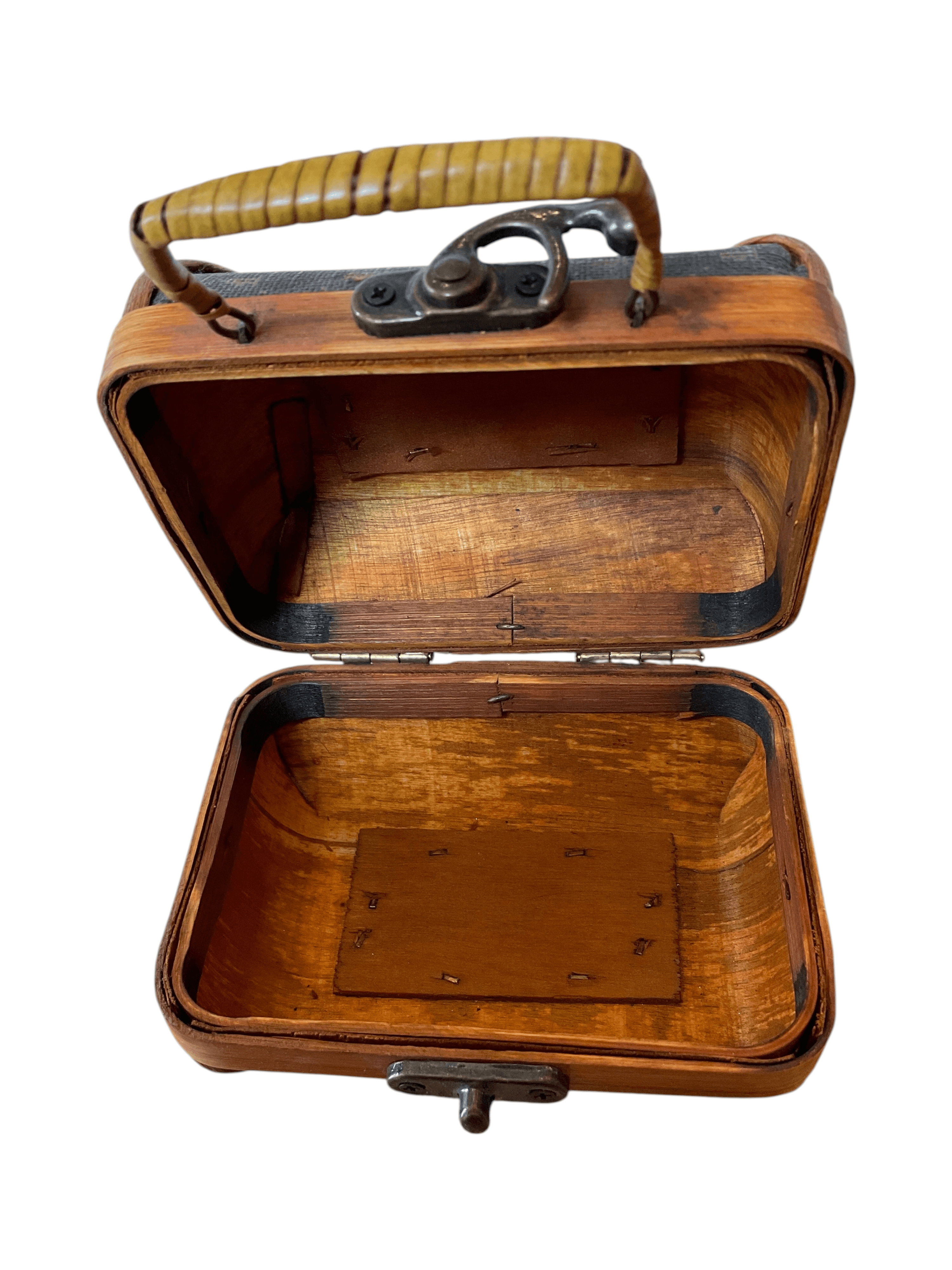 Vintage Wooden Mini Suitcase with Woven Handle Storage - Thumbnail 4