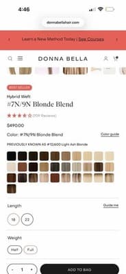 Donna Bella Hybrid Weft Extension Full Pack 18” #7N/9N Blonde Blend Remy NEW - Thumbnail 6