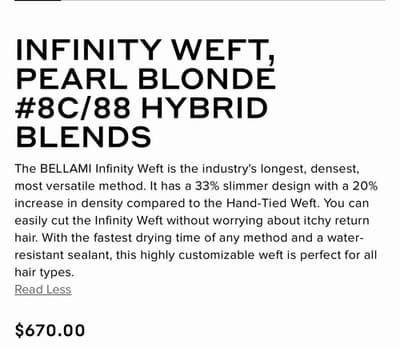 Bellami Infinity Weft 22” PEARL BLONDE #8C/88 Hybrid Blend New Sealed Weft - Thumbnail 6