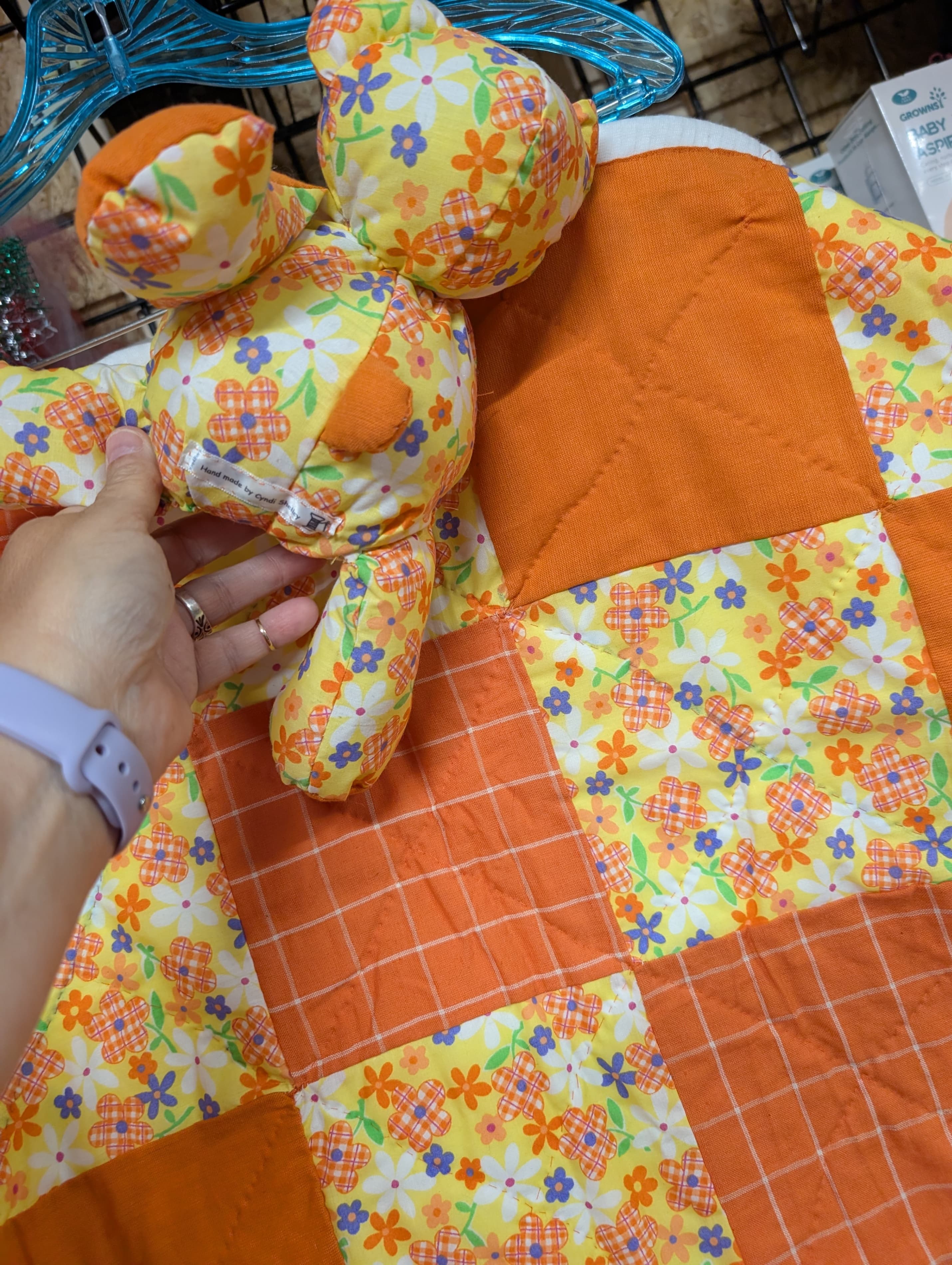 Handmade Patchwork Baby Quilt with Stuffed Bear - Thumbnail 2