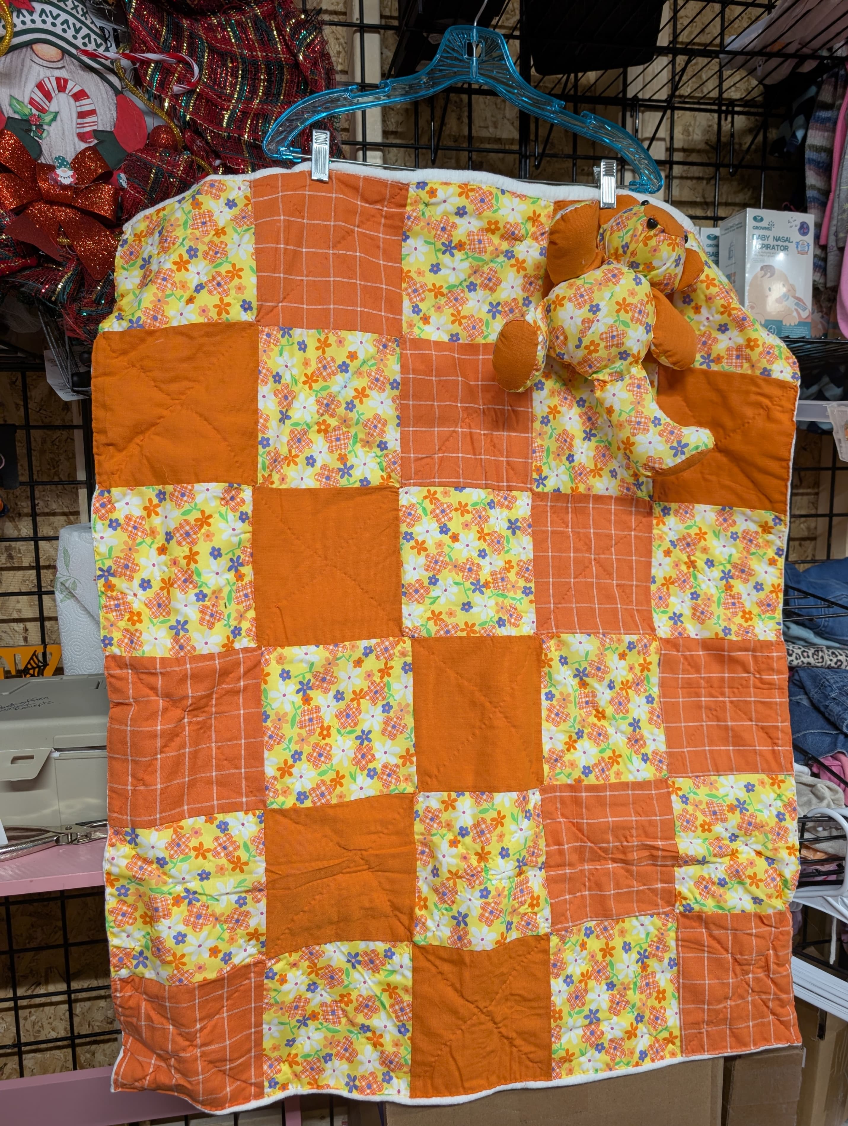 Handmade Patchwork Baby Quilt with Stuffed Bear - Thumbnail 4