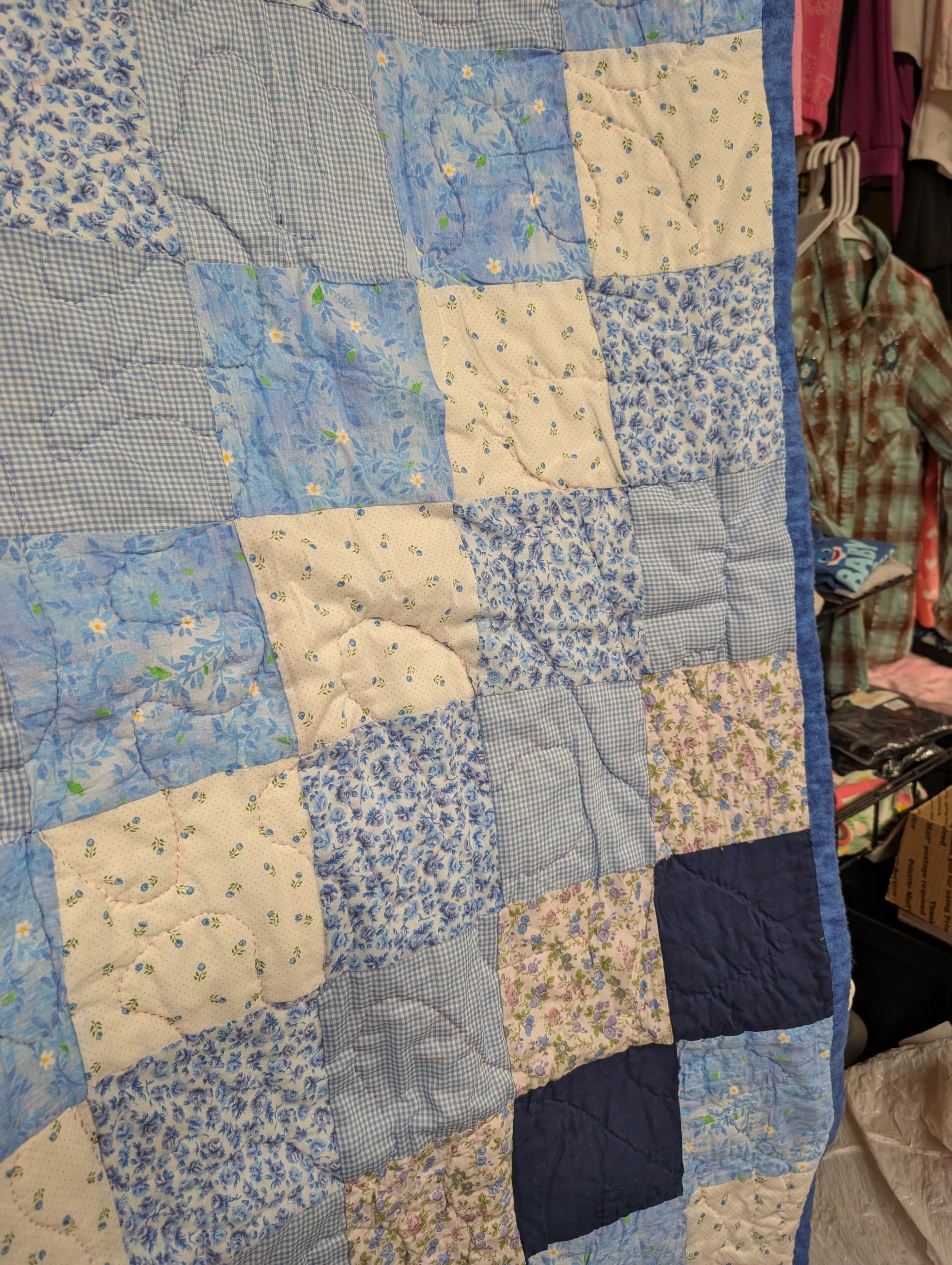 Handmade Blue Patchwork Quilt Floral Design - Thumbnail 4