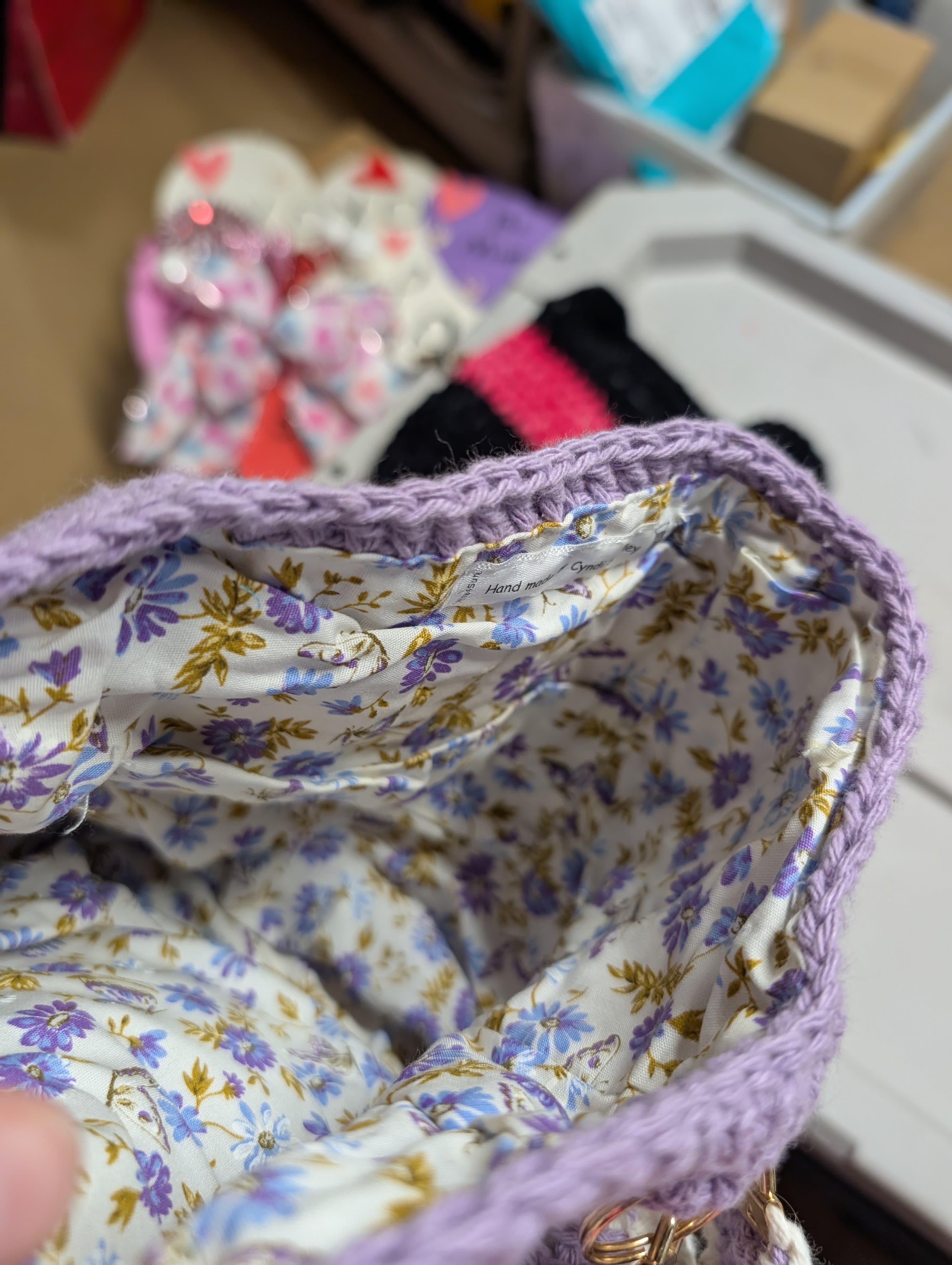 Handmade Crochet Bag with Floral Lining with pochets - Thumbnail 4