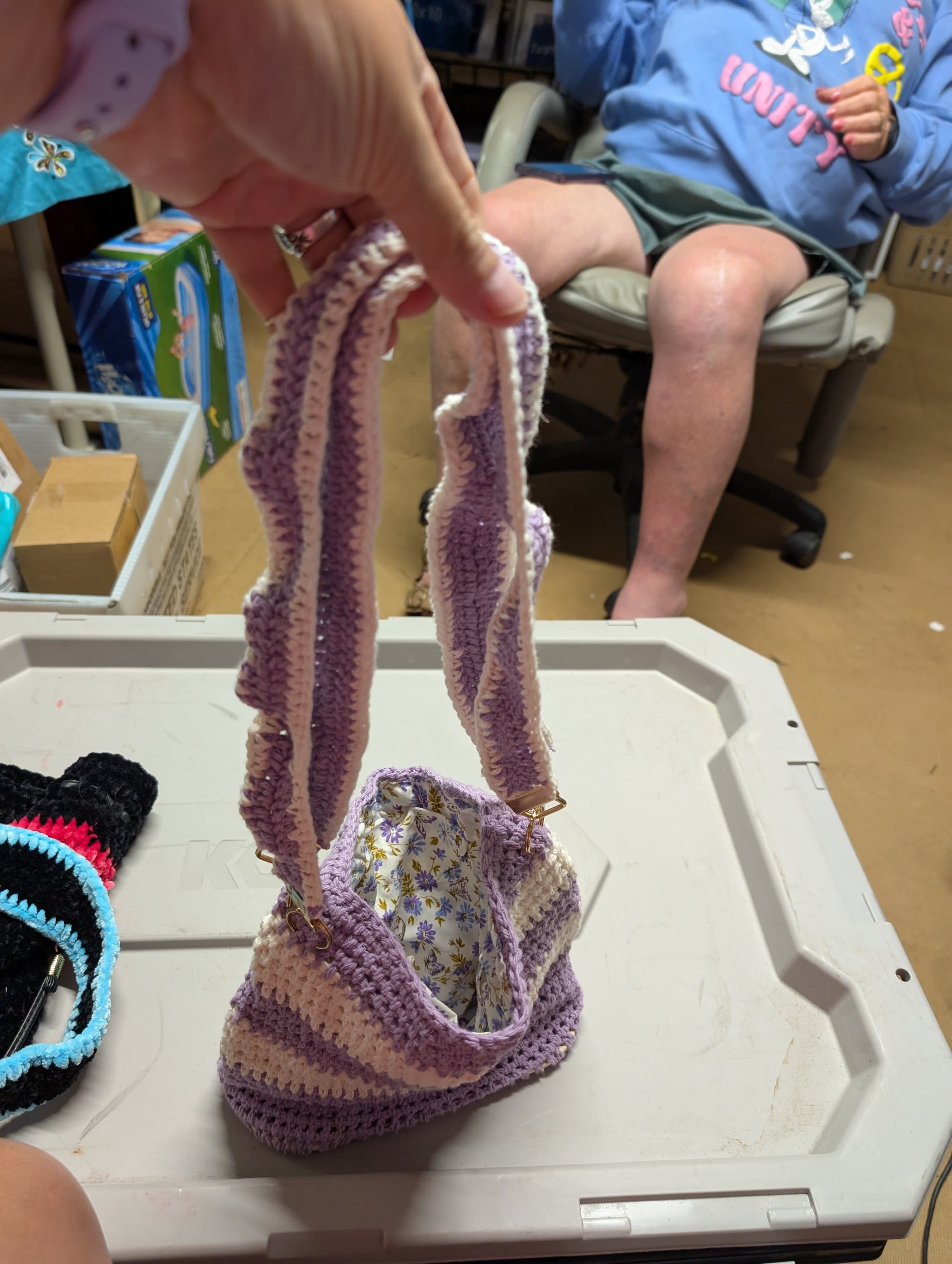 Handmade Crochet Bag with Floral Lining with pochets - Thumbnail 6