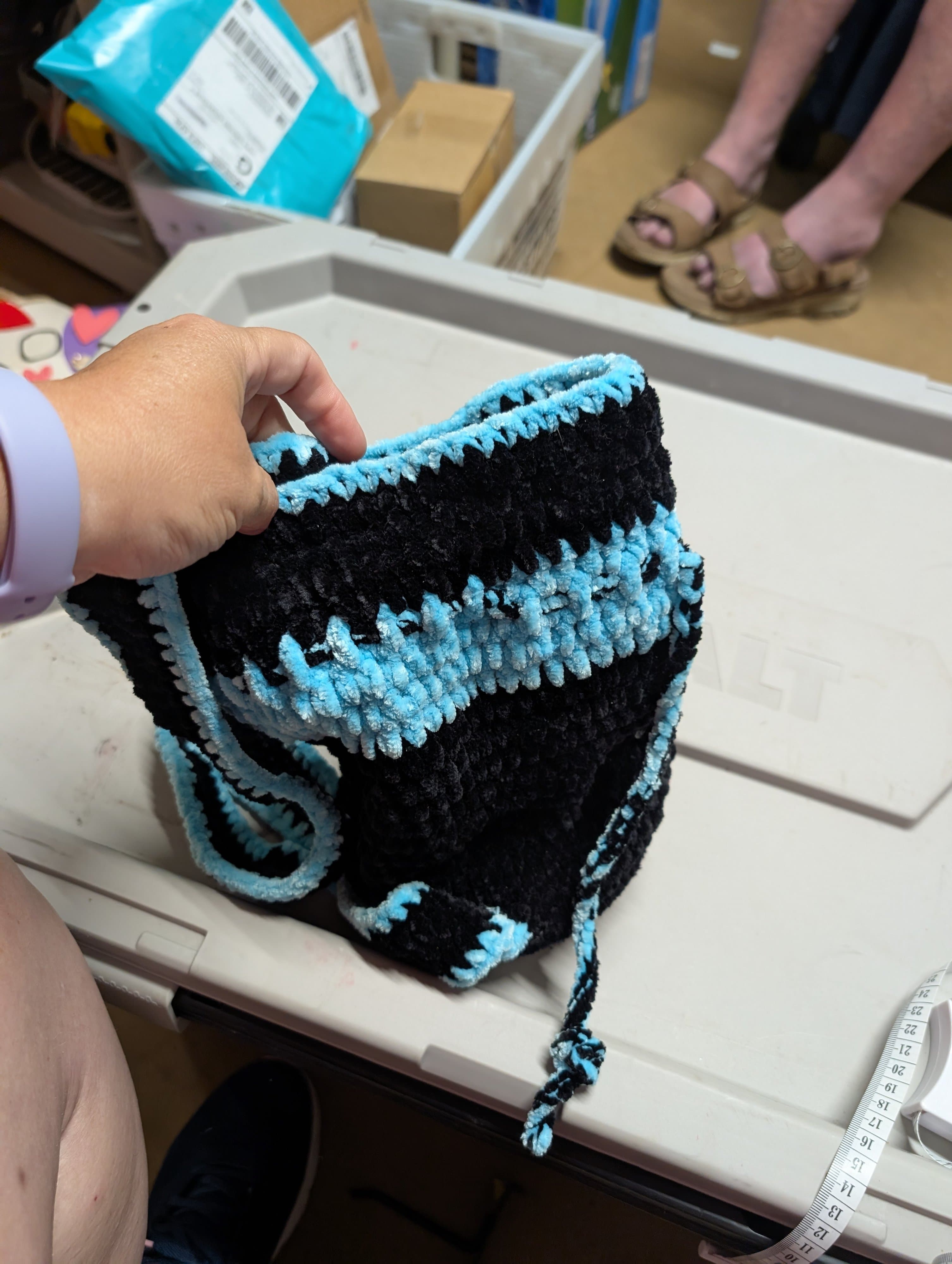 Handmade Crochet Drawstring Bag Black and Aqua - Thumbnail 2