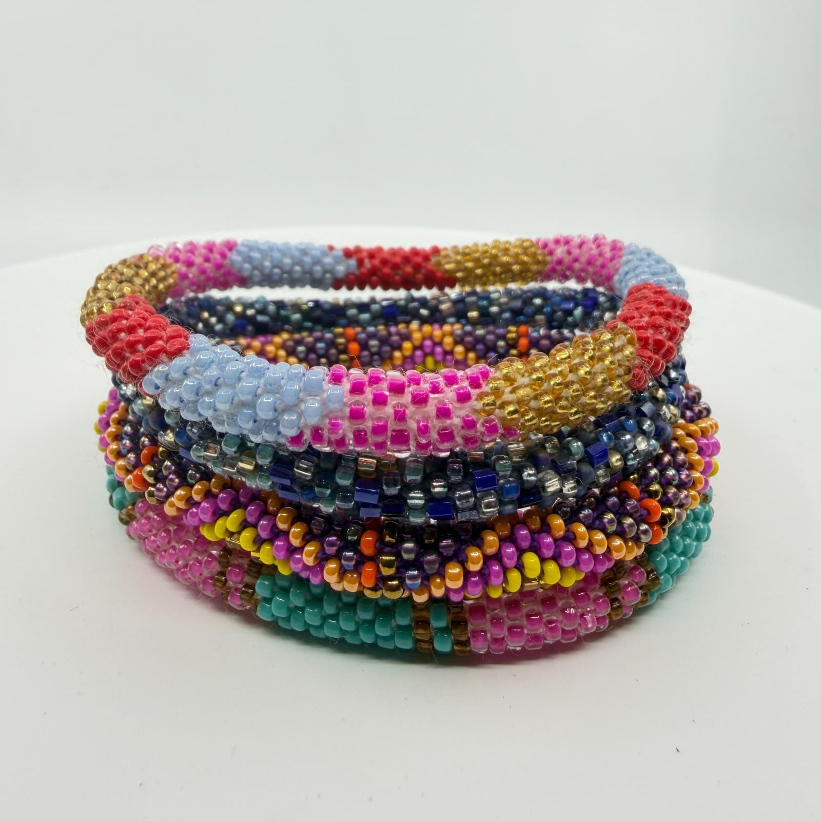 Boho Beaded Roll On Bracelet Stack Set Colorful Glass Seed Bead Chunky Gift - Thumbnail 2