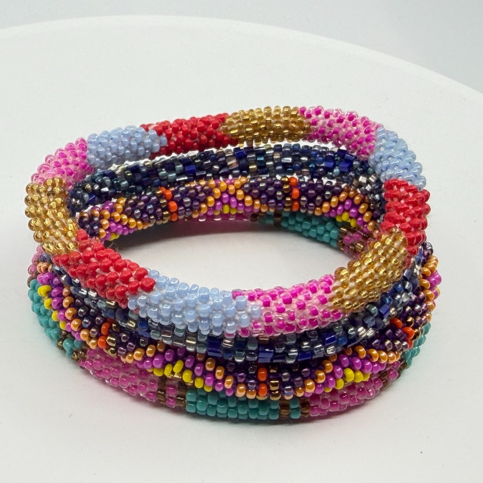 Boho Beaded Roll On Bracelet Stack Set Colorful Glass Seed Bead Chunky Gift - Thumbnail 4