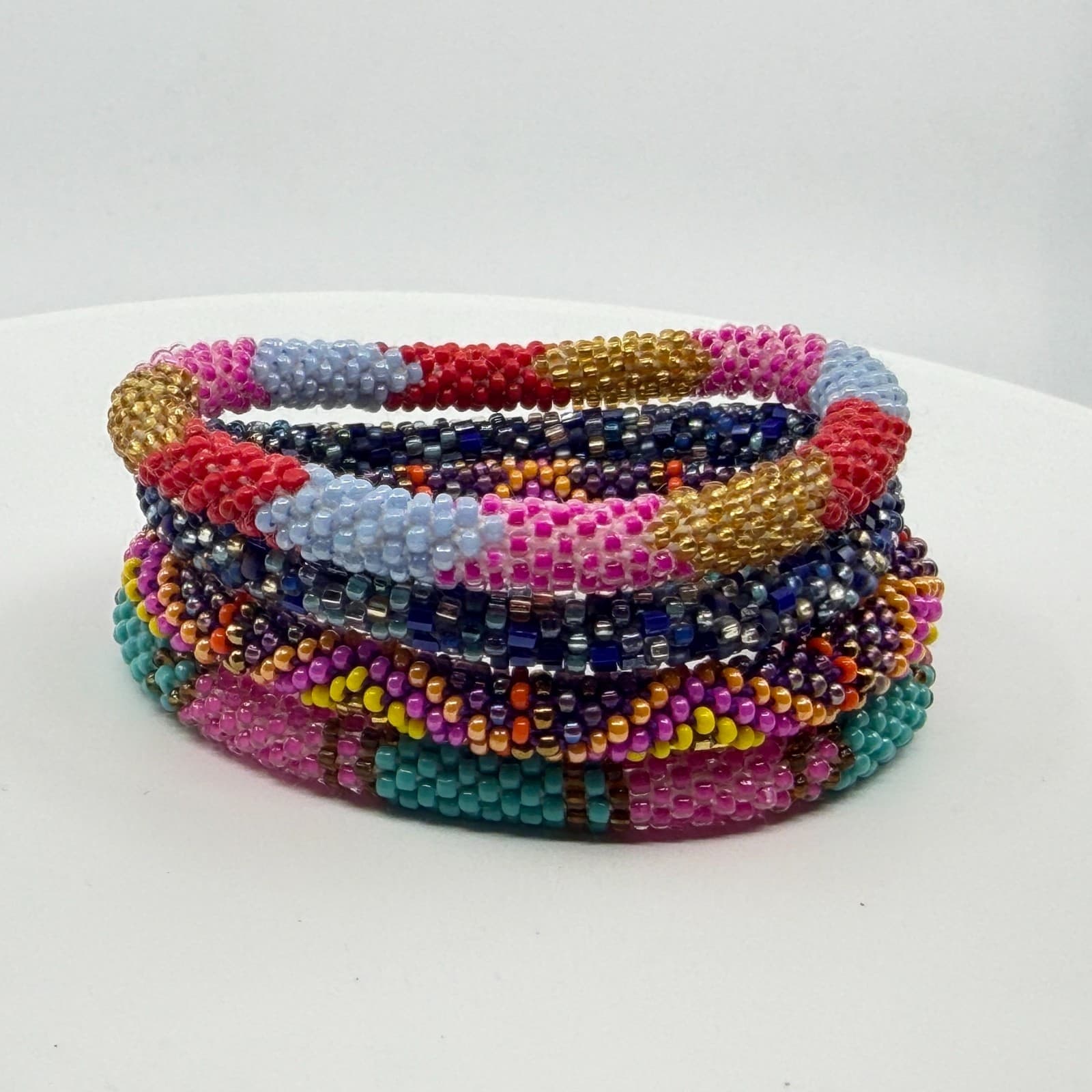 Boho Beaded Roll On Bracelet Stack Set Colorful Glass Seed Bead Chunky Gift - Thumbnail 5
