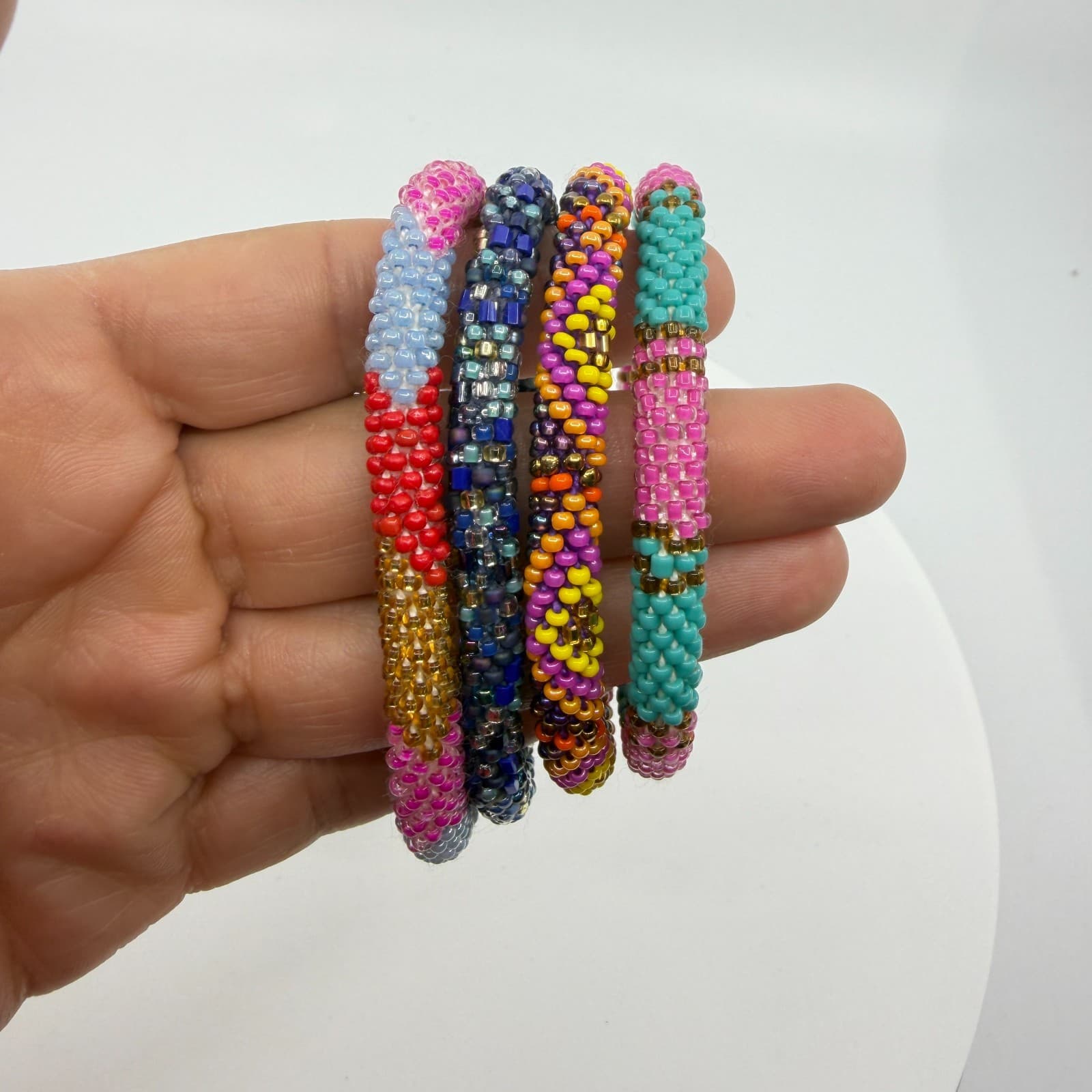 Boho Beaded Roll On Bracelet Stack Set Colorful Glass Seed Bead Chunky Gift - Thumbnail 7