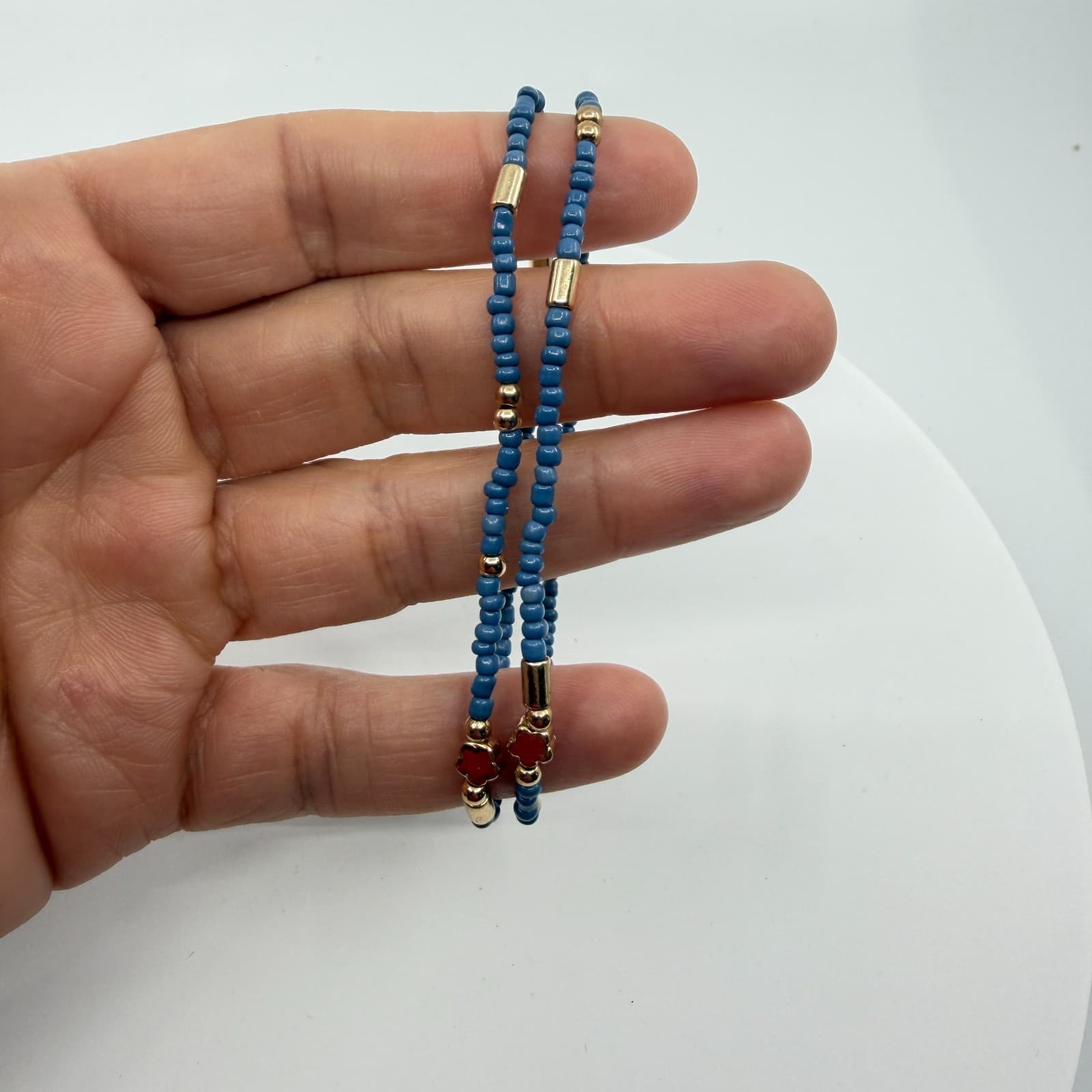 Boho Slate Blue Seed Bead Anklet Gold Tone Star Charm Minimalist Layering Gift - Thumbnail 8