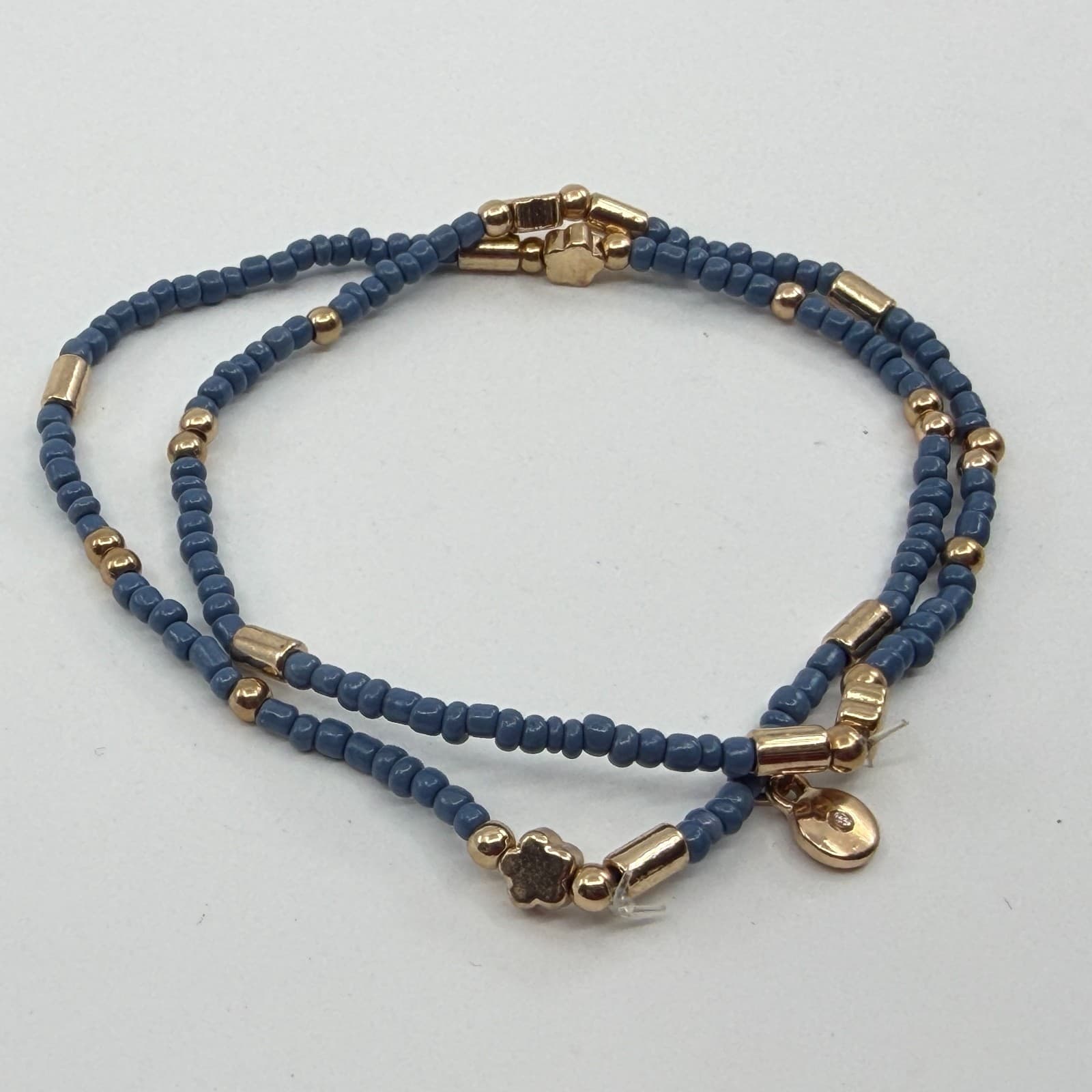 Boho Slate Blue Seed Bead Anklet Gold Tone Star Charm Minimalist Layering Gift - Thumbnail 4