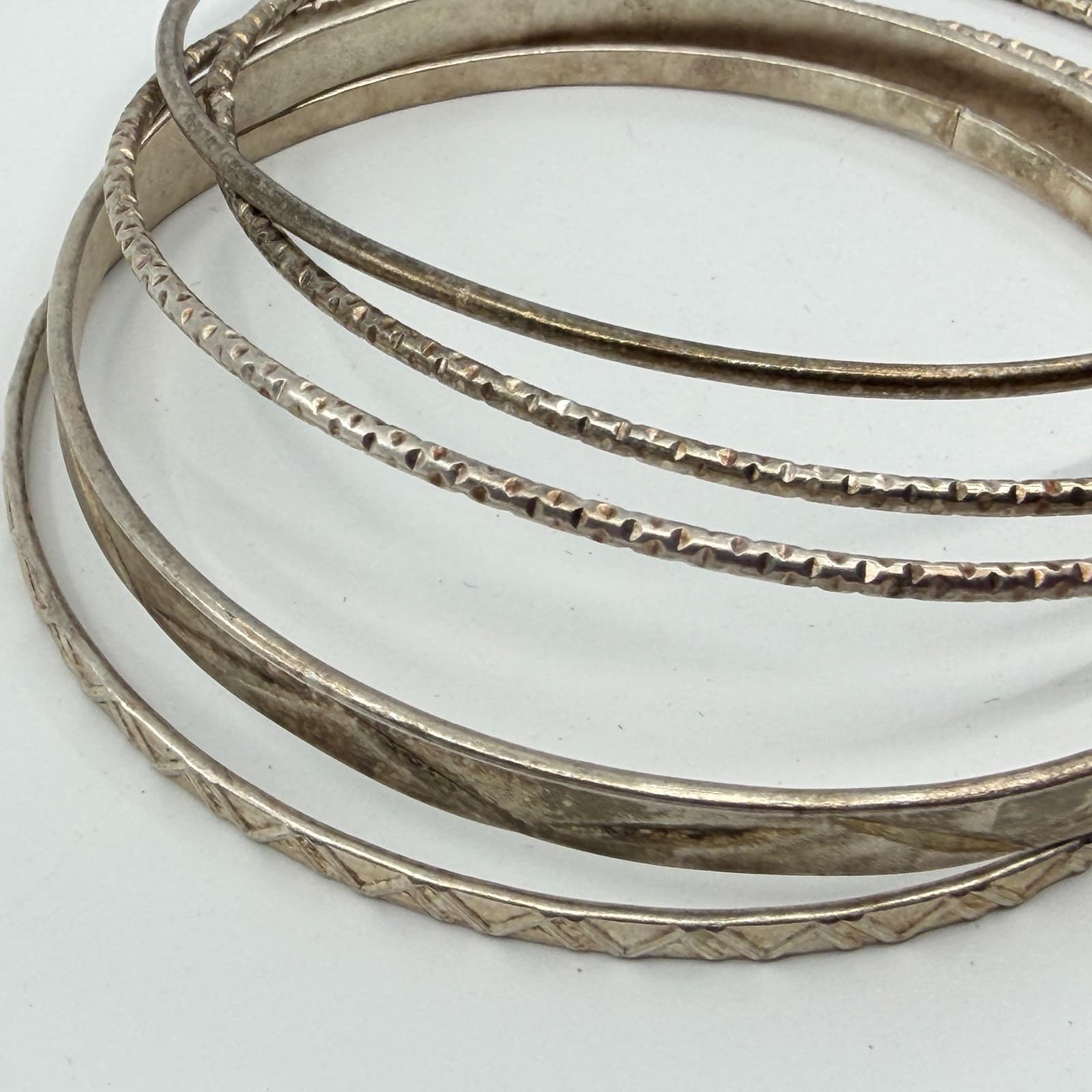 Stacked Silver Tone Bangle Bracelet Set Textured Boho Statement Stack Classic - Thumbnail 5