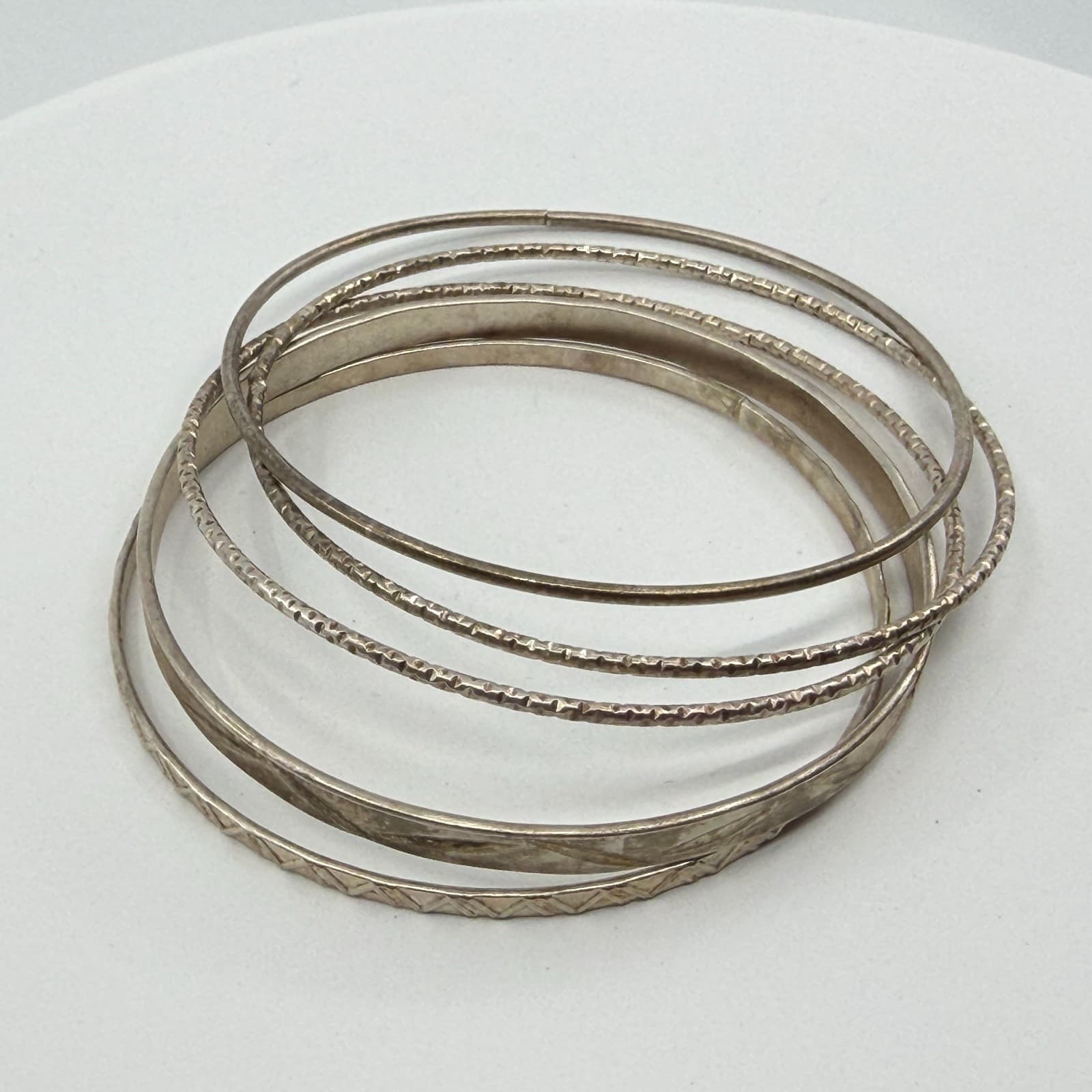 Stacked Silver Tone Bangle Bracelet Set Textured Boho Statement Stack Classic - Thumbnail 6